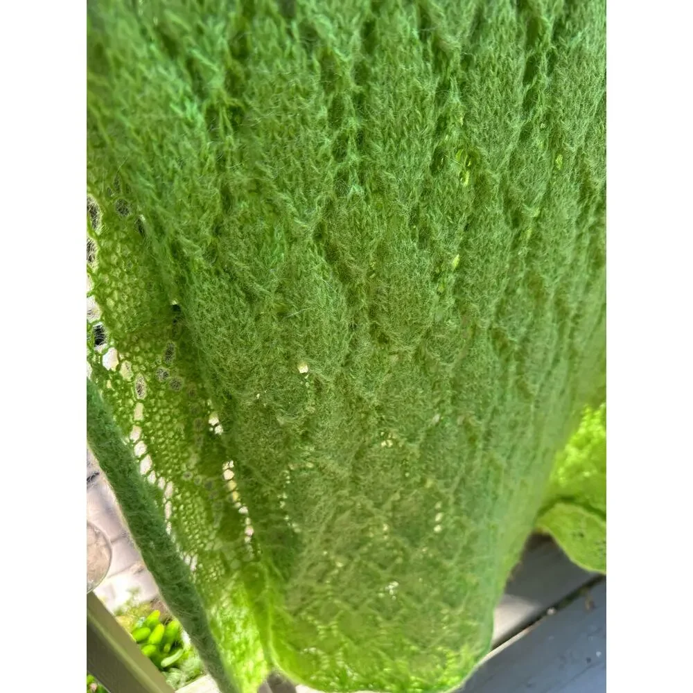 Mohair Wool Crochet Blanket lime green Hand Made Diamond Knit Throw 44x90” shawl